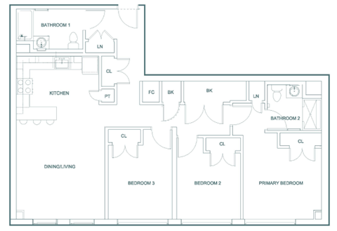 Floor plan for 3 beds, 2 baths, 1255 sqft
